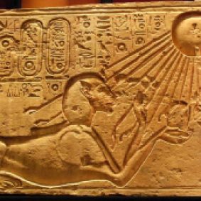 Akhenaten depicted as a sphinx at Amarna, bathed in the rays of the aten/sun
